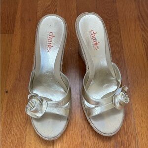 Charles by Charles David Gold Espadrille Wedge Mules with Floral Accent